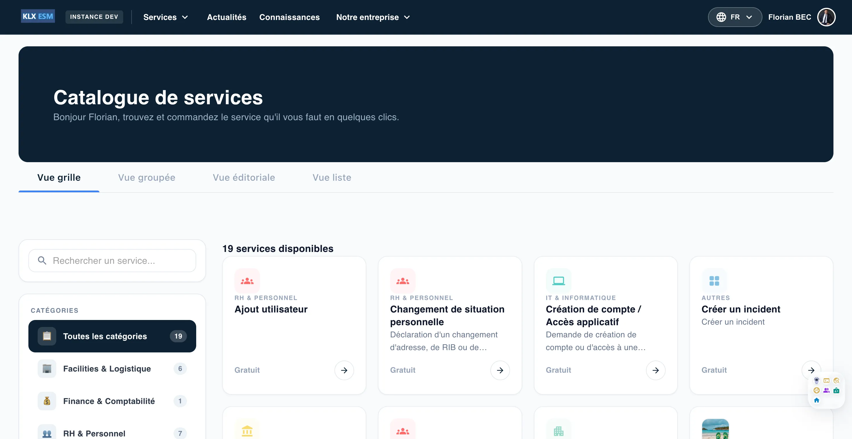 Catalogue de services du portail Keolux One, services IT, RH, finance et logistique par catégories