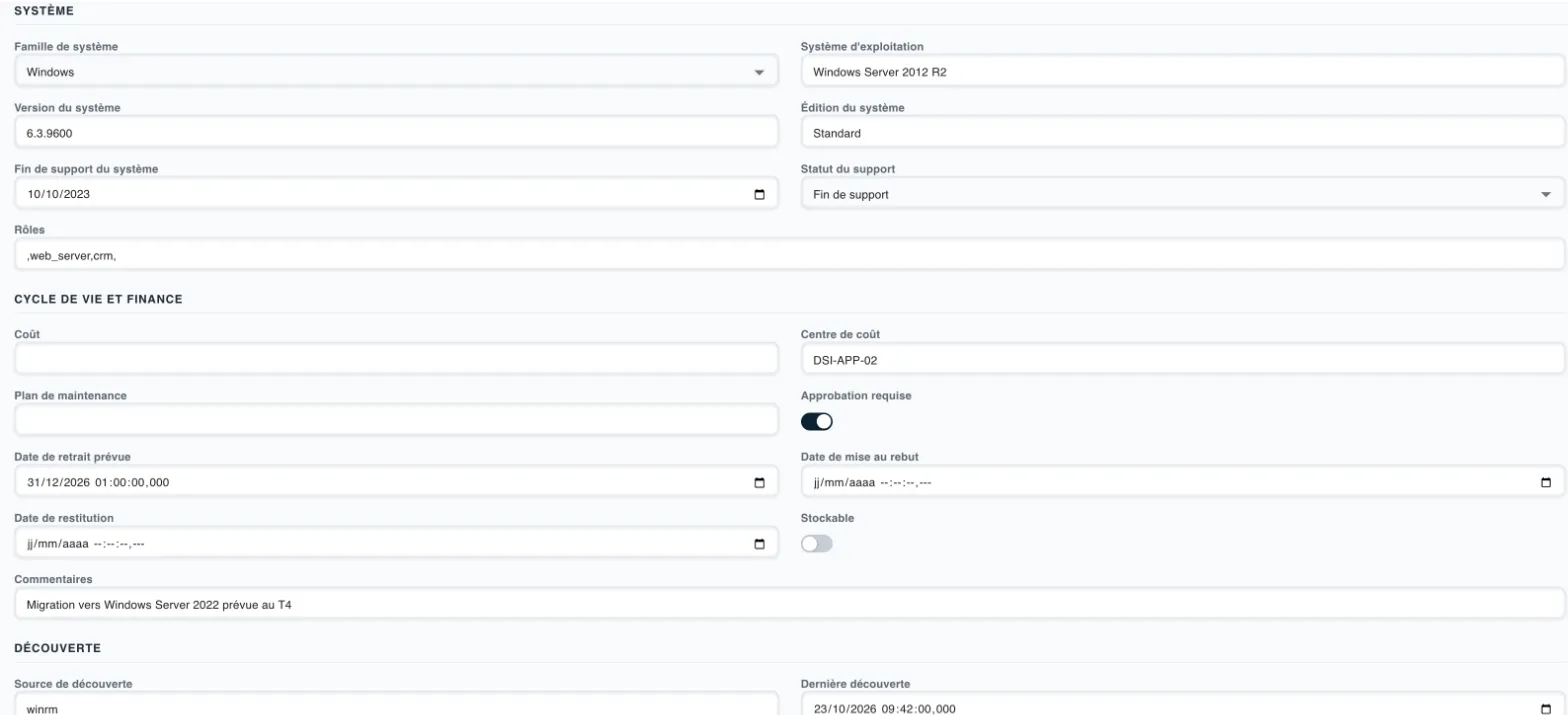 Fiche d’un CI : système, cycle de vie, fin de support et date de dernière découverte