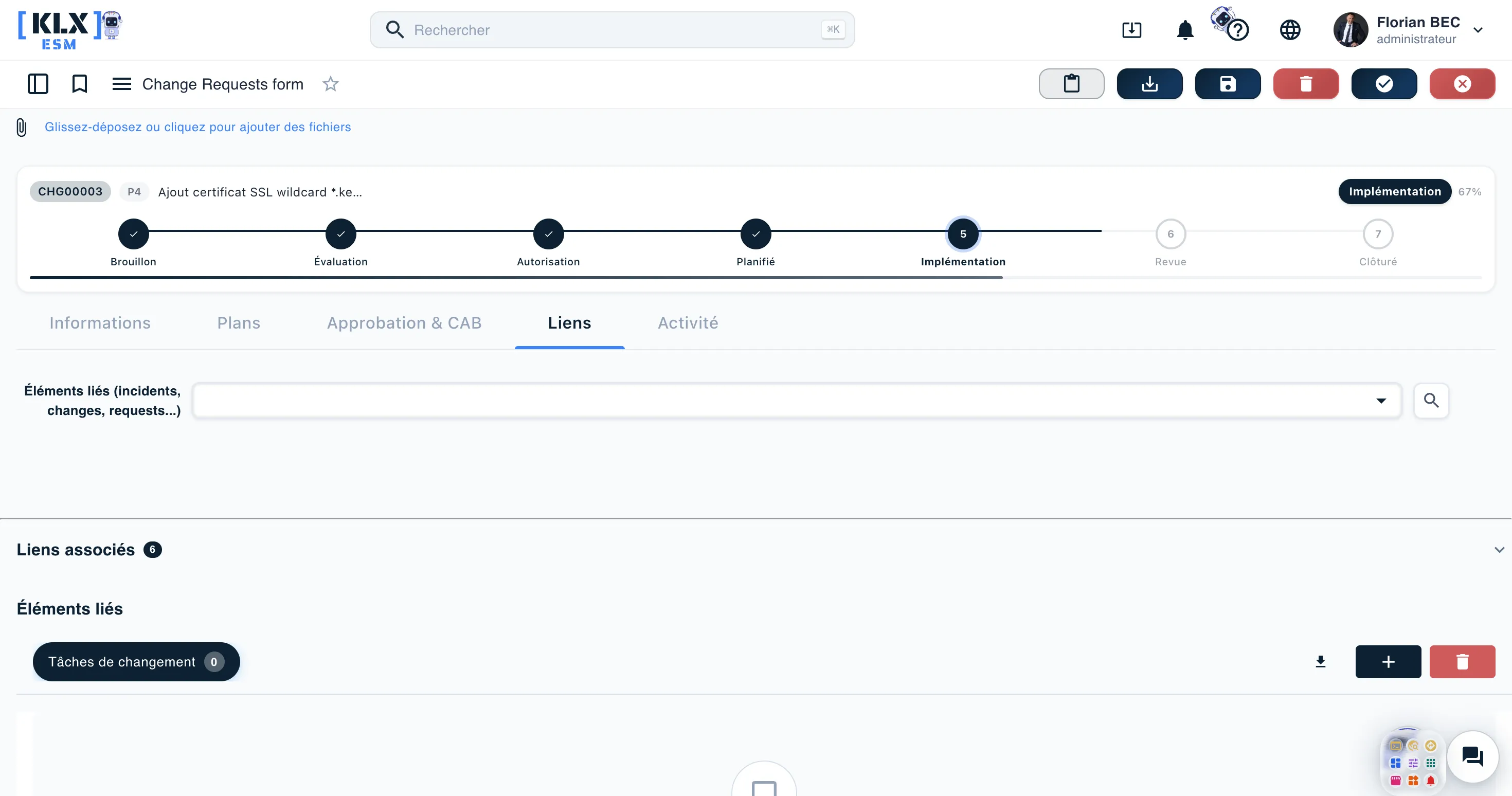 Relations d’un changement Keolux One avec la CMDB et les incidents