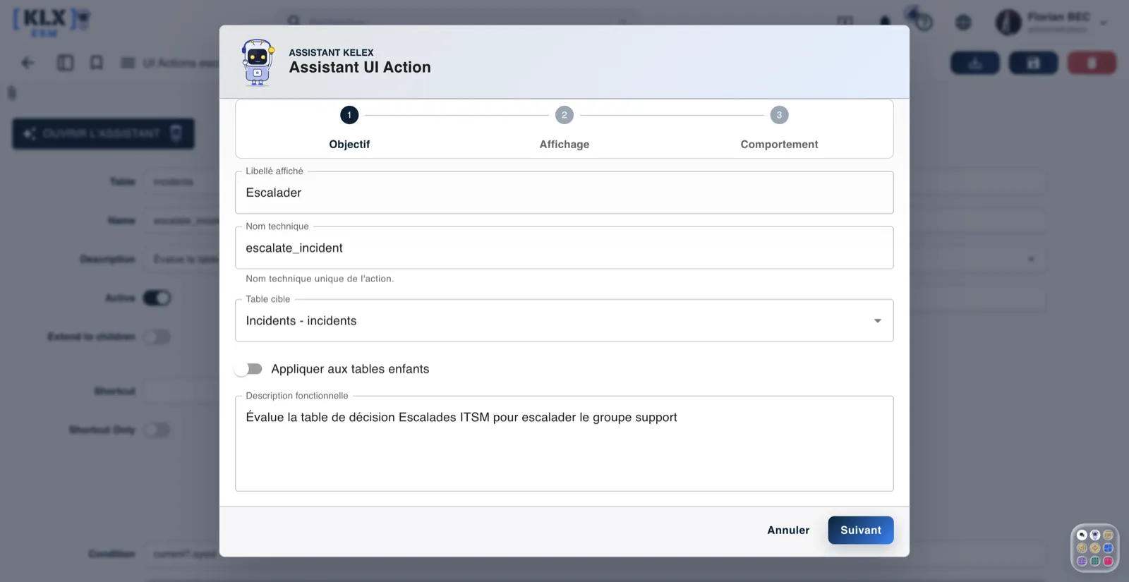 Kelex exécute une action avec validation