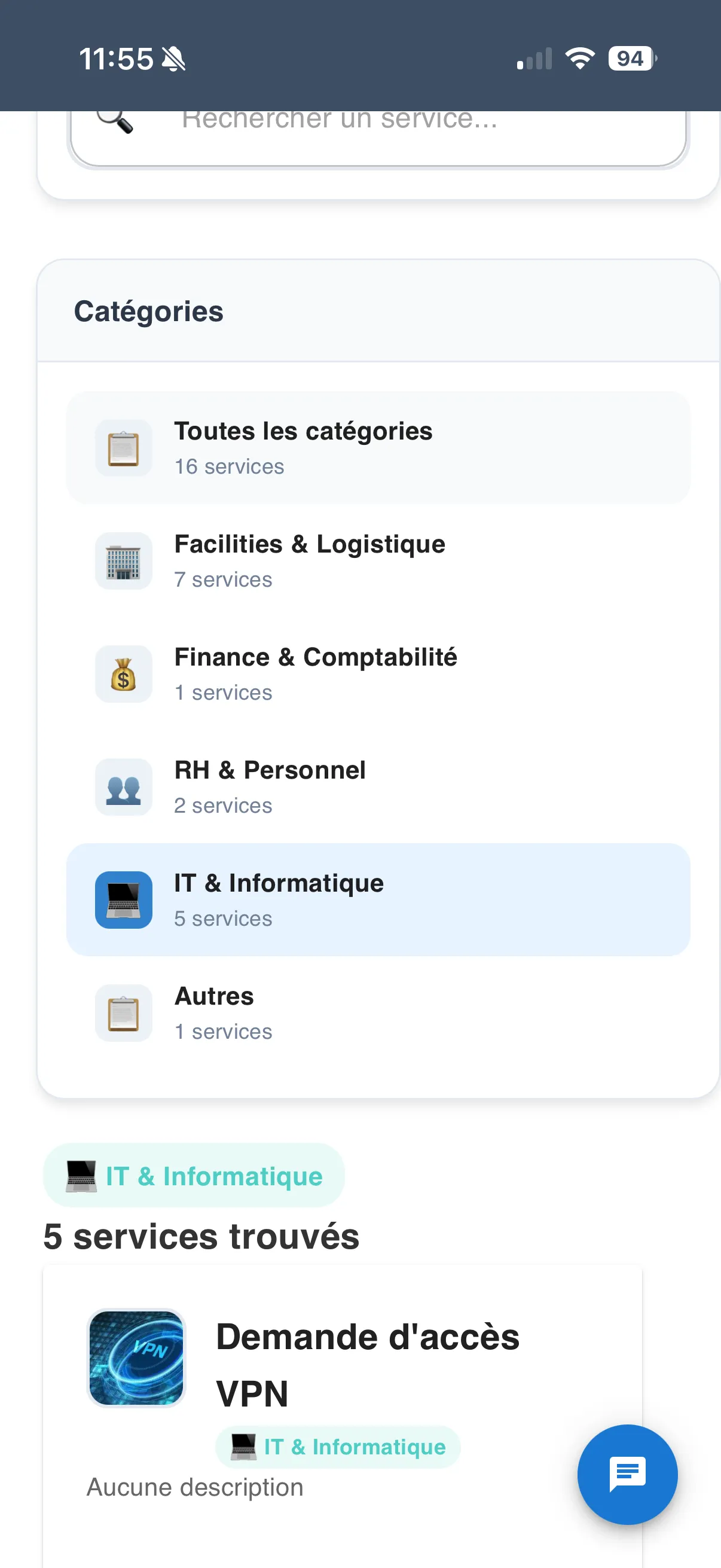 Catalogue de services filtré par catégorie sur l’application mobile Keolux One