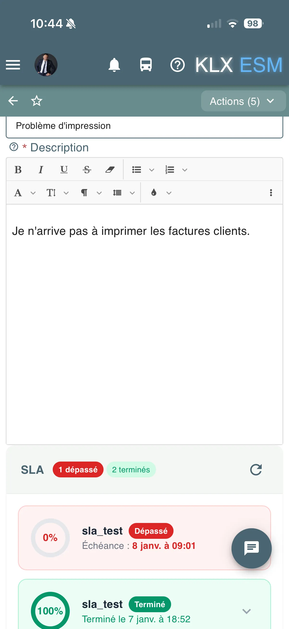 Détail d’un incident et suivi des SLA sur mobile dans Keolux One