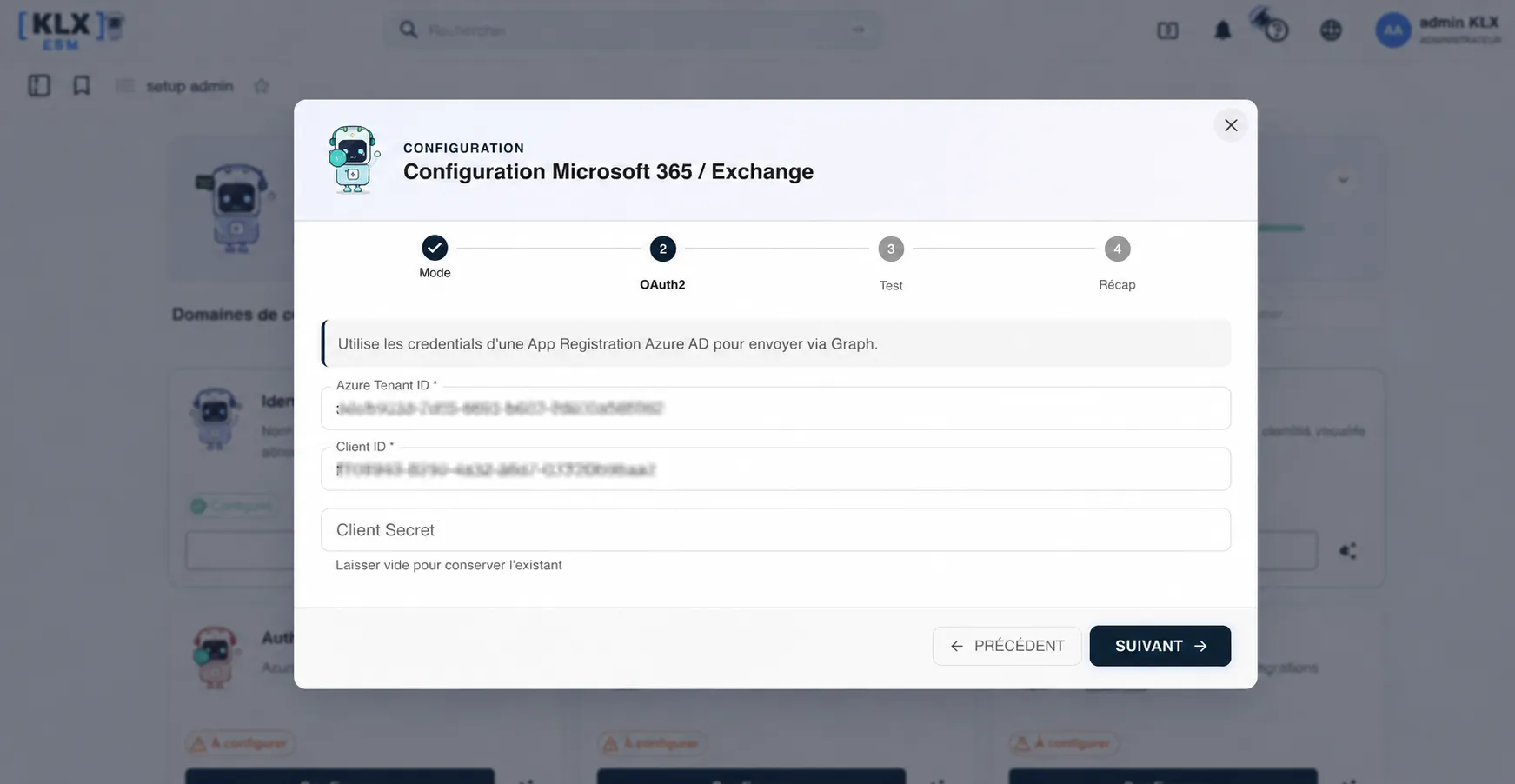 Assistant de configuration Keolux One, connexion Microsoft 365 / Exchange en quelques étapes