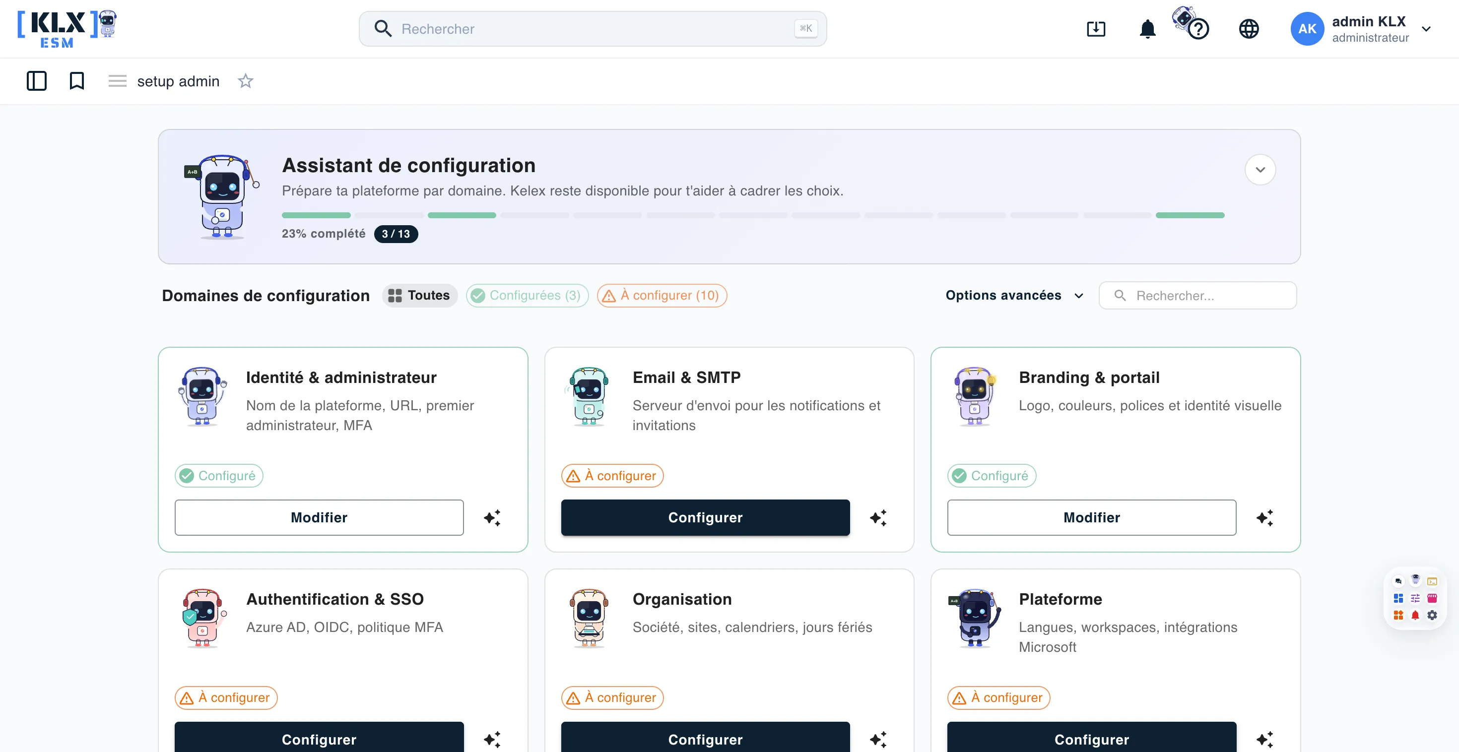 Assistant de configuration Keolux One, domaines de configuration guidés