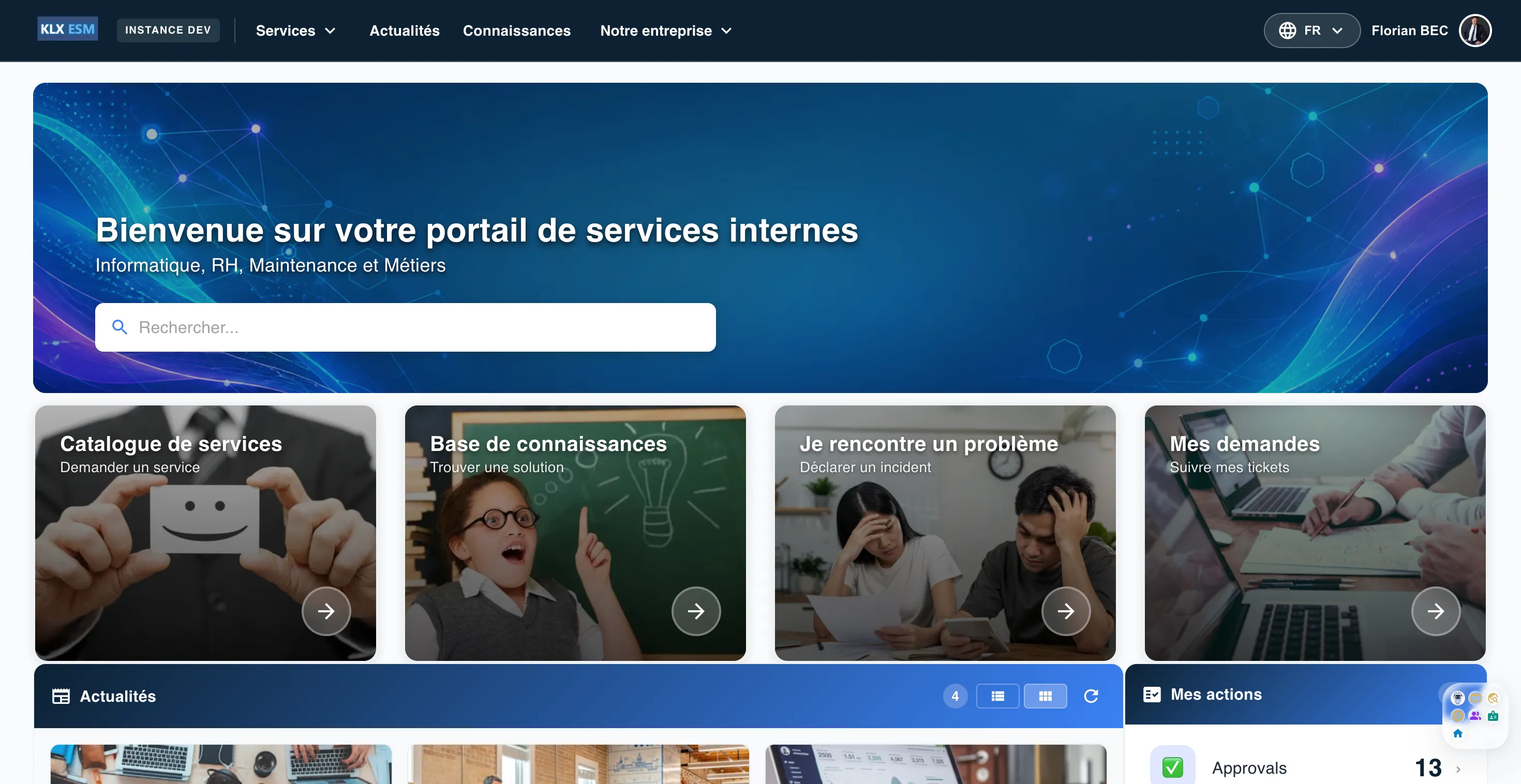 Portail de services internes Keolux One, catalogue, base de connaissances, incidents et suivi des demandes