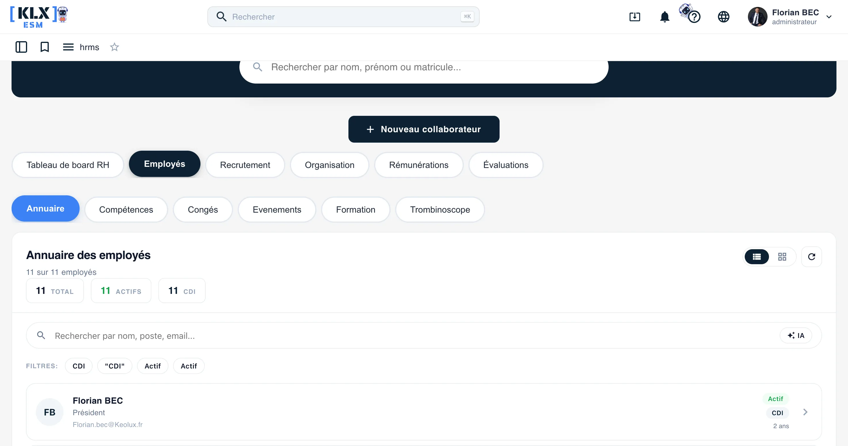 Annuaire des employés Keolux One avec filtres et recherche IA