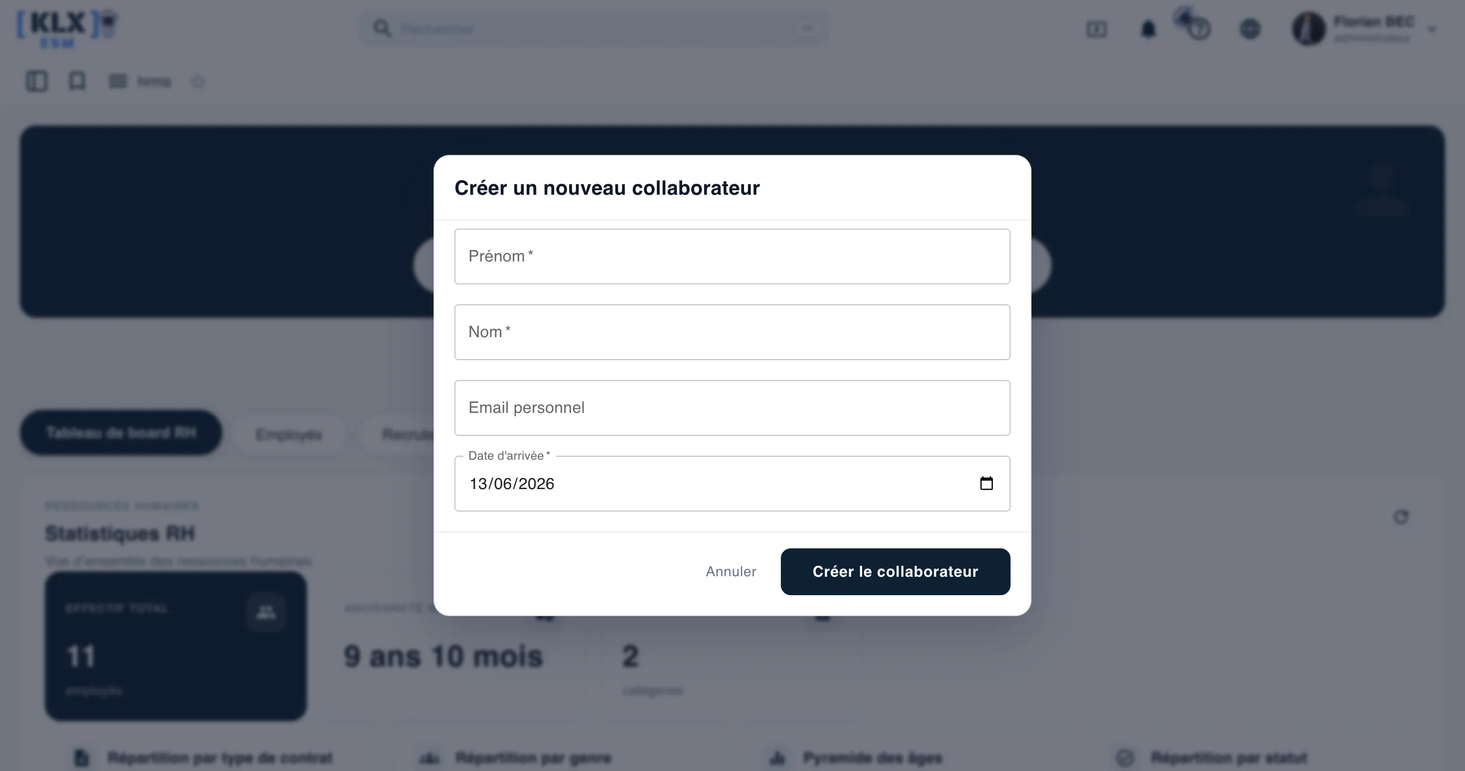 Création d’un collaborateur dans le module RH Keolux One