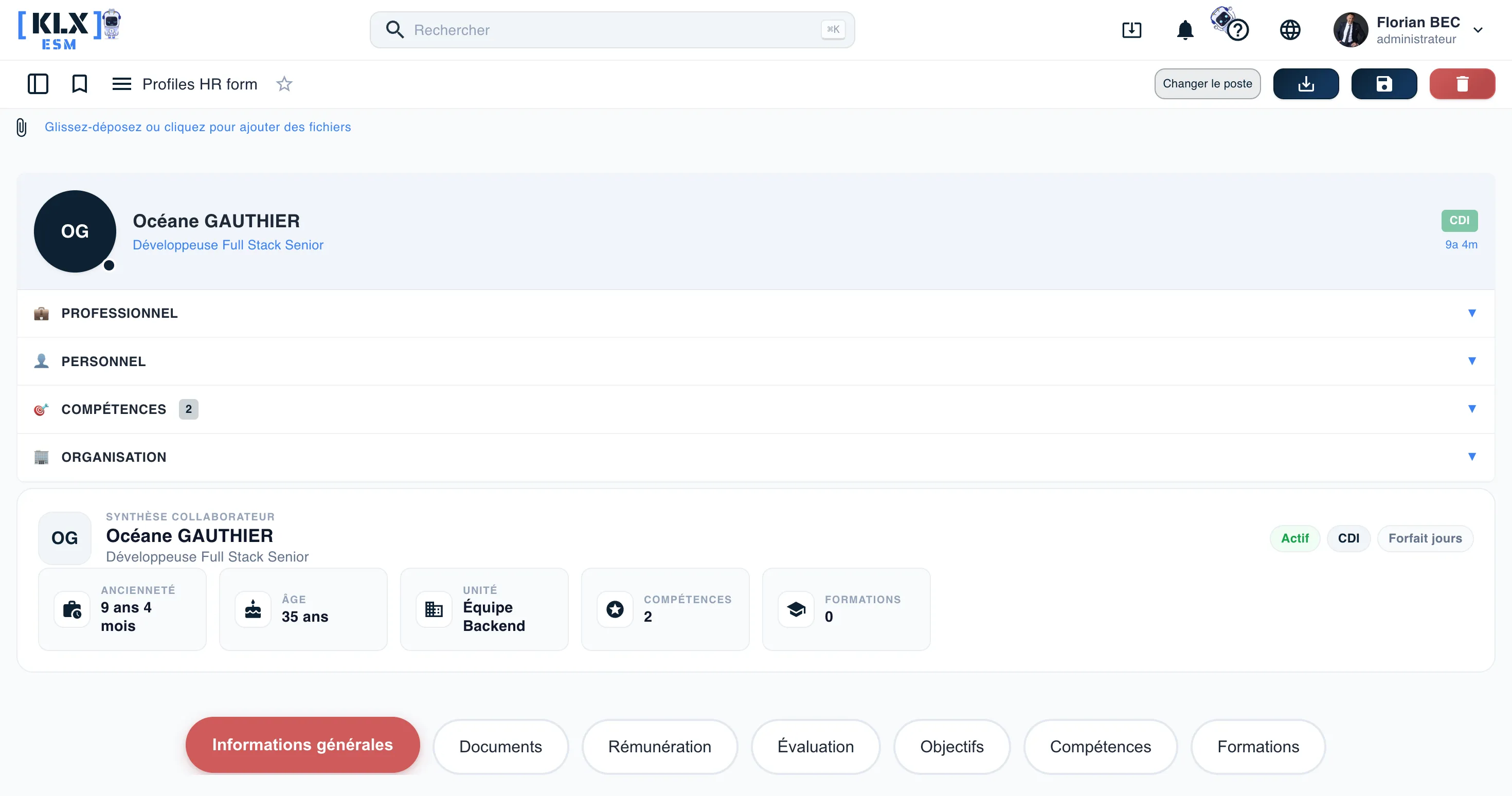 Fiche collaborateur Keolux One, bandeau de synthèse