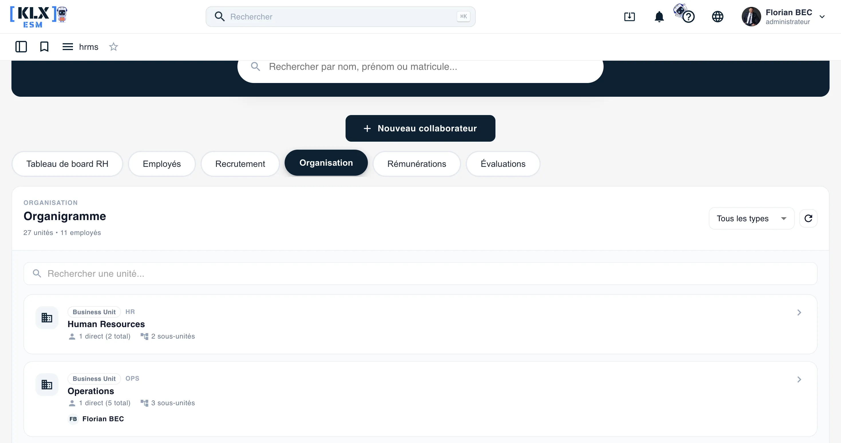 Organigramme et unités dans Keolux One