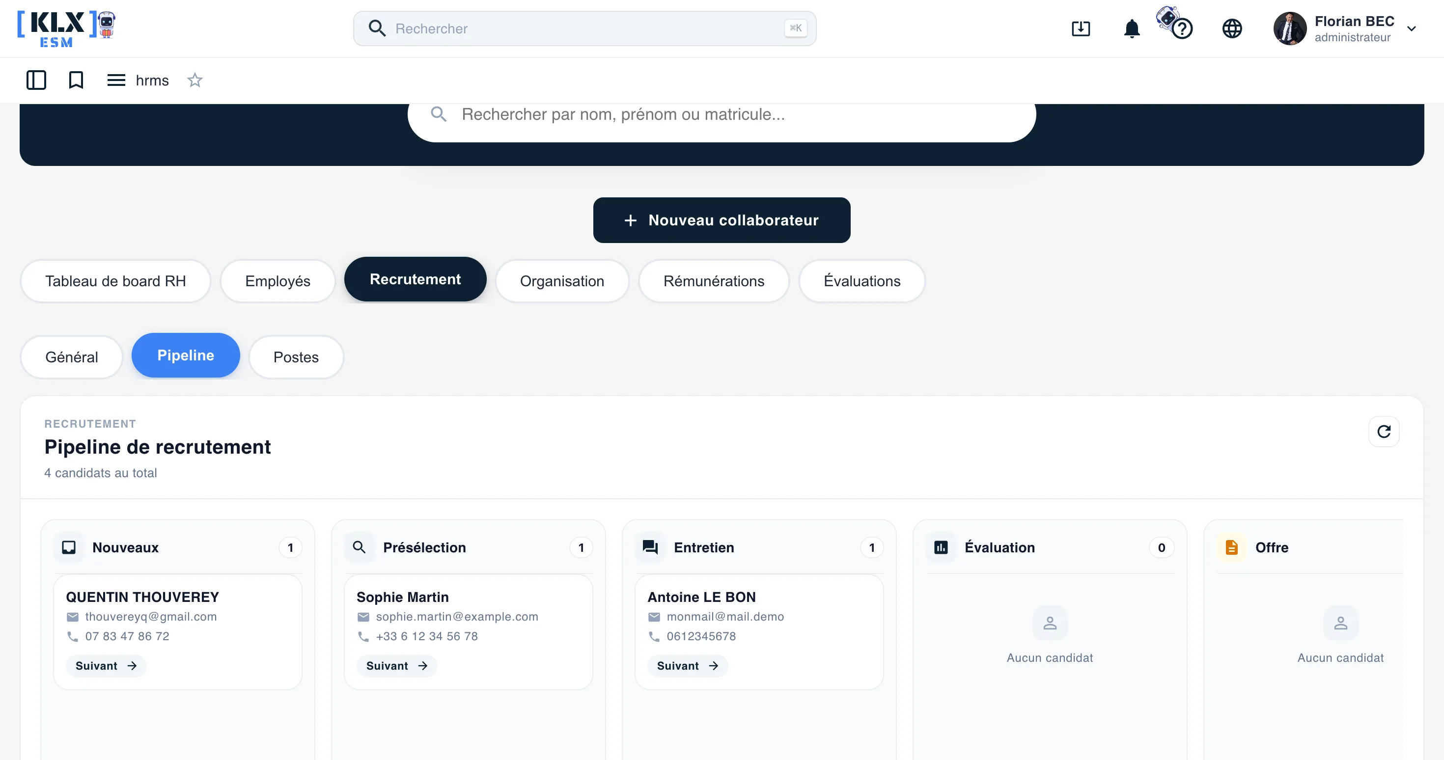 Pipeline de recrutement Keolux One par étapes