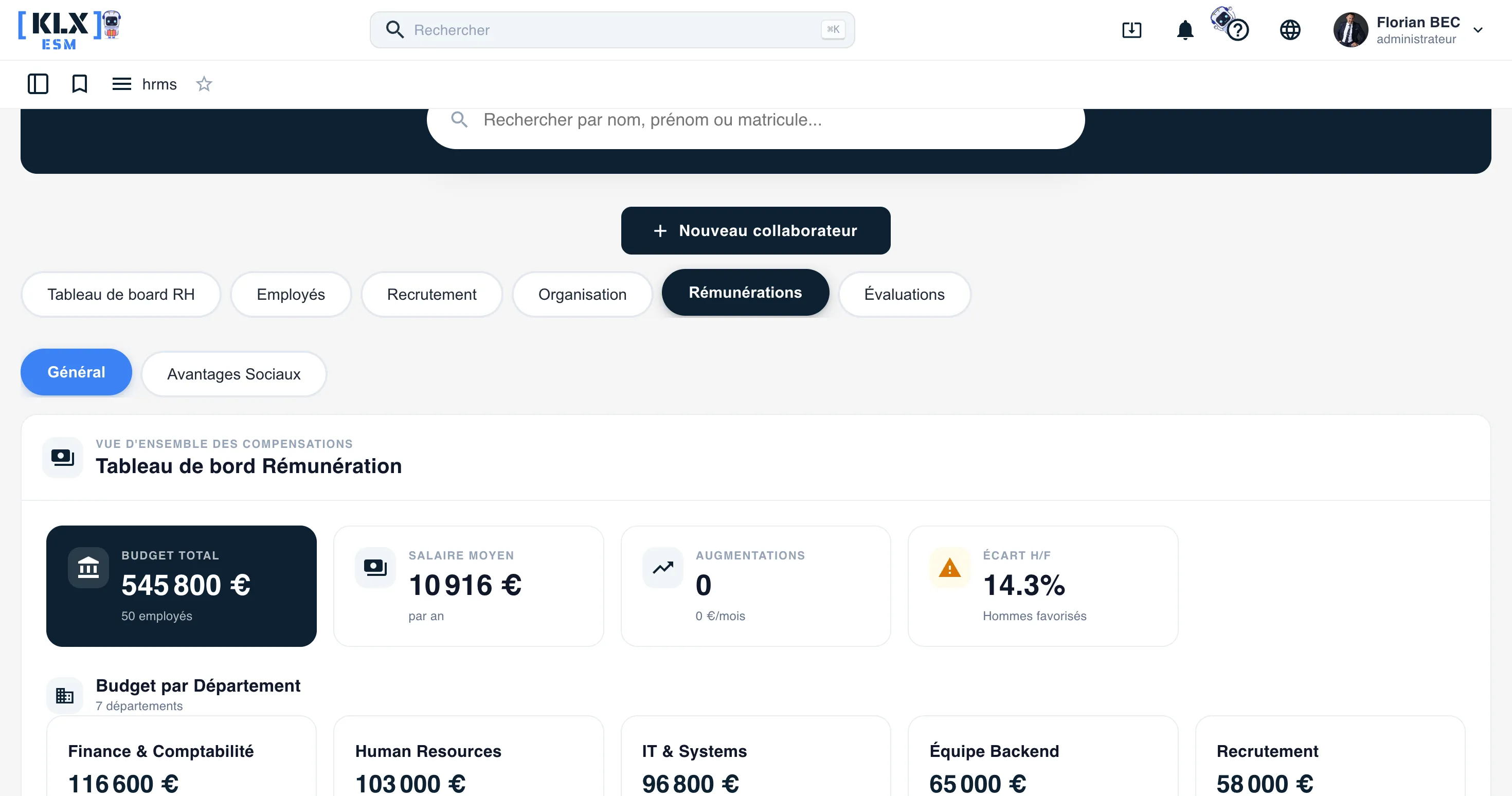 Tableau de bord de la rémunération Keolux One